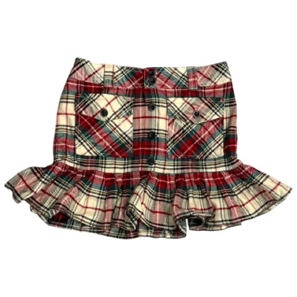 Ralph Lauren Girls Red Plaid Ruffle Mini Skirt Size 14 Preppy Tartan Wool Blend